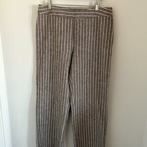 Current Linen Blend Straight Leg Pants Size 12 Taupe Stripe Side Zipper Mid Rise
